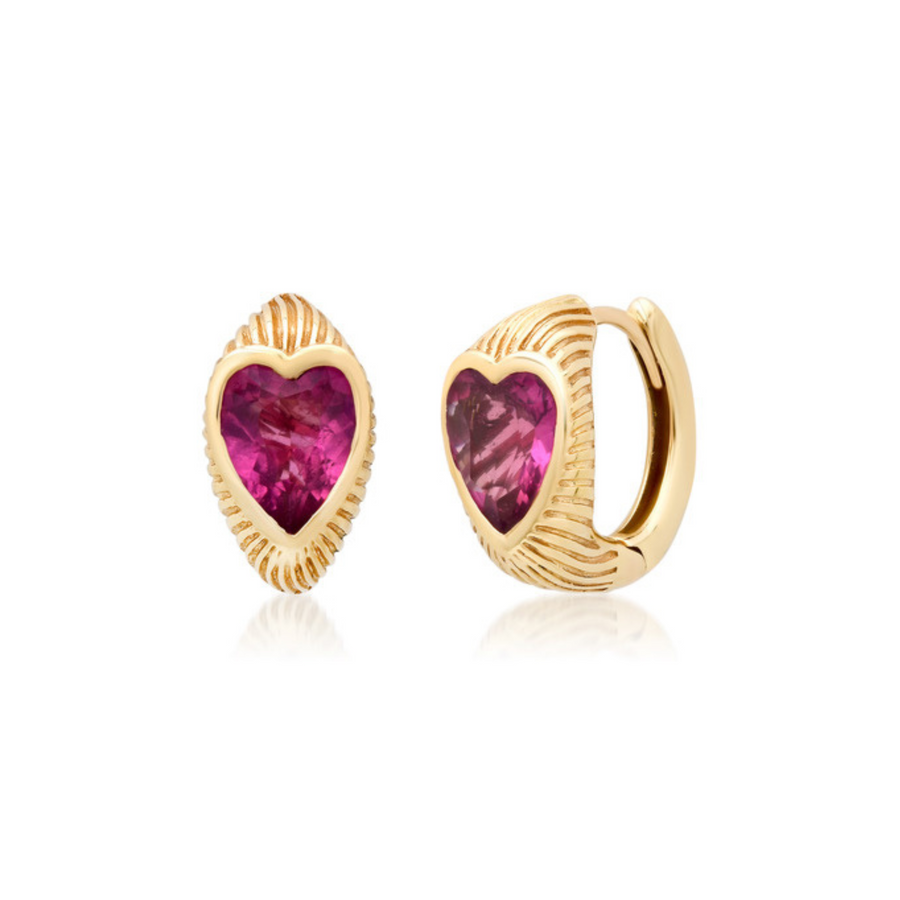 Ripple Heart Huggies in Pink Tourmaline