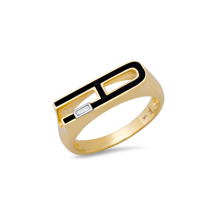 Black Enamel Chunky Initial Ring with Diamond Baguette