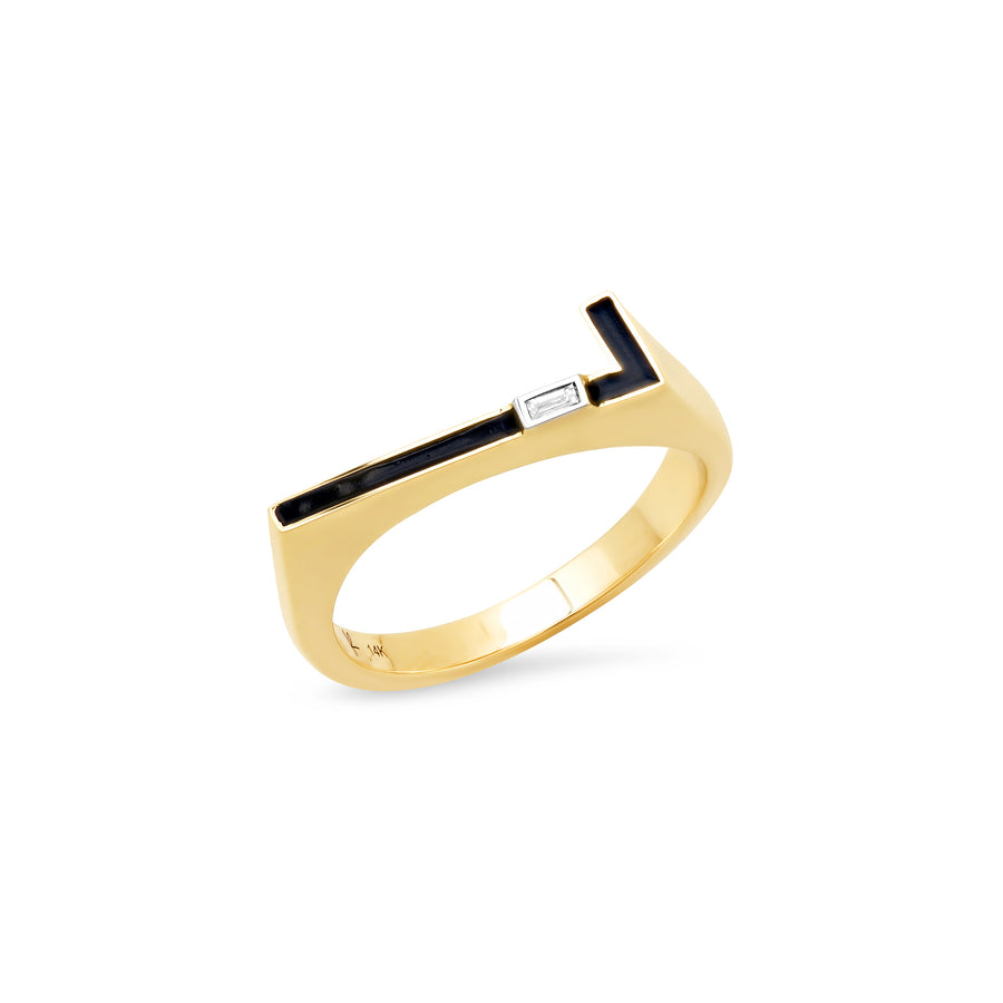 Black Enamel Chunky Number Ring with Diamond Baguette