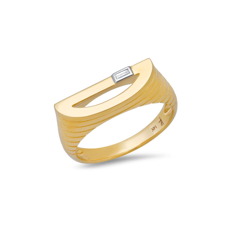 Ribbed Chunky Initial Ring with Diamond Baguette