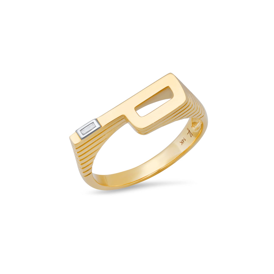 Ribbed Chunky Initial Ring with Diamond Baguette