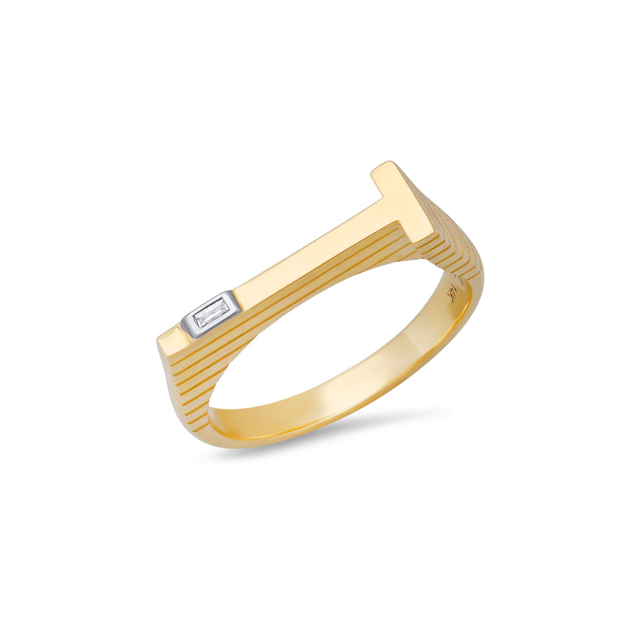 Ribbed Chunky Initial Ring with Diamond Baguette