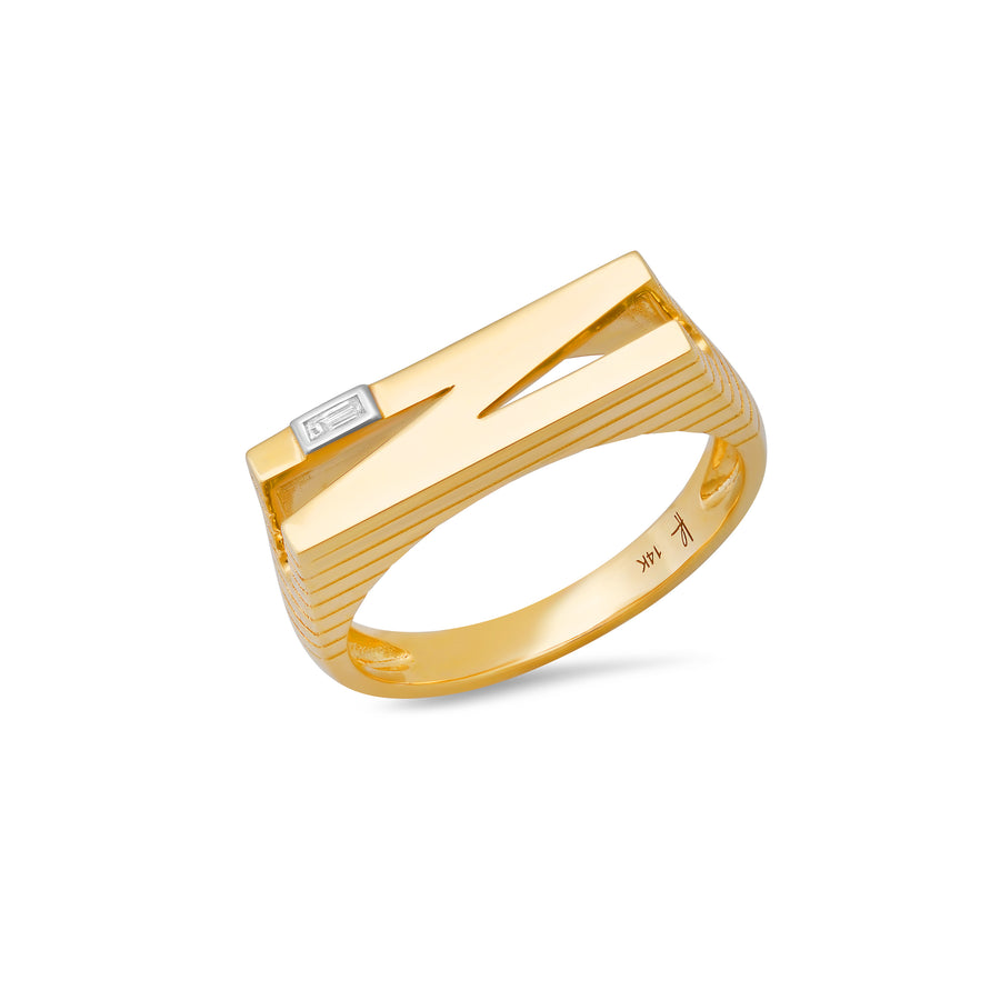 Ribbed Chunky Initial Ring with Diamond Baguette