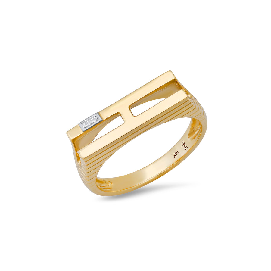 Ribbed Chunky Initial Ring with Diamond Baguette