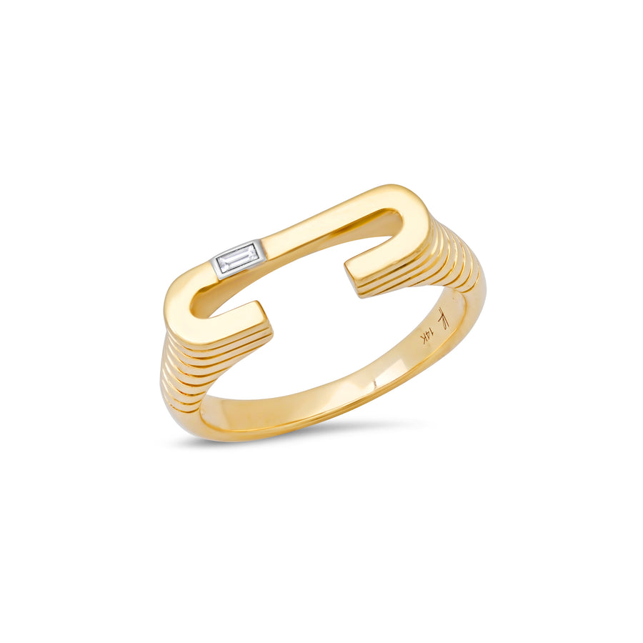 Ribbed Chunky Initial Ring with Diamond Baguette